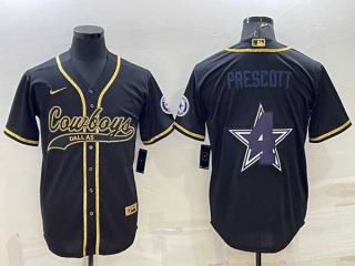 Men's Dallas Cowboys #4 Dak Prescott Black Gold Team Big Logo With Patch Cool Base Stitched Baseball Jersey