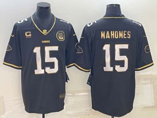 Men's Kansas City Chiefs #15 Patrick Mahomes Black Gold With C Patch Stitched Football Jersey