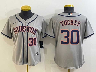 Women's Houston Astros #30 Kyle Tucker Number Grey With Patch Stitched MLB Cool Base Nike Jersey