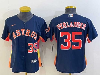 Women's Houston Astros #35 Justin Verlander Number Navy Blue With Patch Stitched MLB Cool Base Nike Jersey