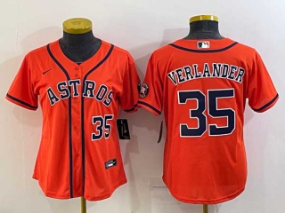 Women's Houston Astros #35 Justin Verlander Number Orange With Patch Stitched MLB Cool Base Nike Jersey