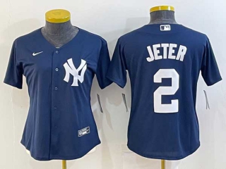Women's New York Yankees #2 Derek Jeter Navy Blue Stitched Nike Cool Base Throwback Jersey