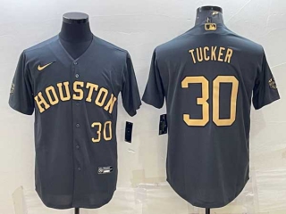 Men's Houston Astros #30 Kyle Tucker Number Graphite Gold Stitched MLB Cool Base Nike Jersey