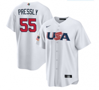 Men's USA Baseball #55 Ryan Pressly Nike White 2023 World Baseball Classic Replica Jersey