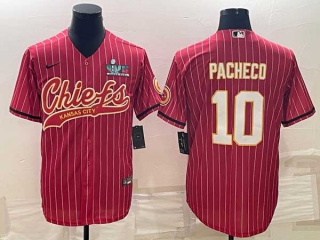 Men's Kansas City Chiefs #10 Isiah Pacheco Red Pinstripe With Super Bowl LVII Patch Cool Base Stitched Baseball Jersey
