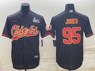 Men's Kansas City Chiefs #95 Chris Jones Black Pinstripe With Super Bowl LVII Patch Cool Base Stitched Baseball Jersey
