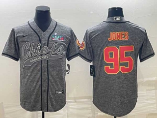 Men's Kansas City Chiefs #95 Chris Jones Grey With Super Bowl LVII Patch Cool Base Stitched Baseball Jersey