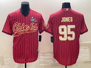 Men's Kansas City Chiefs #95 Chris Jones Red Pinstripe With Super Bowl LVII Patch Cool Base Stitched Baseball Jersey