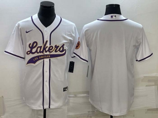 Men's NBA Los Angeles Lakers White MLB Cool Base Stitched Baseball Jersey (1)