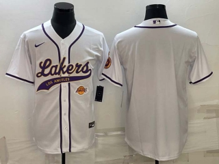 Men's NBA Los Angeles Lakers White MLB Cool Base Stitched Baseball Jersey (2)