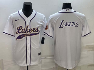 Men's NBA Los Angeles Lakers White MLB Cool Base Stitched Baseball Jersey (3)
