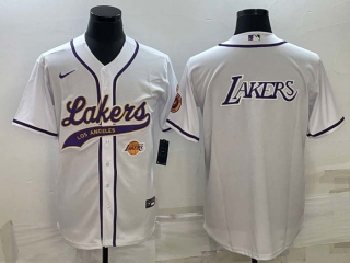 Men's NBA Los Angeles Lakers White MLB Cool Base Stitched Baseball Jersey (4)