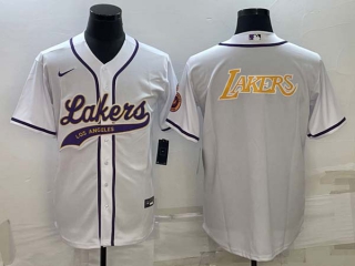 Men's NBA Los Angeles Lakers White MLB Cool Base Stitched Baseball Jersey (5)