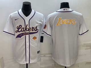 Men's NBA Los Angeles Lakers White MLB Cool Base Stitched Baseball Jersey (6)