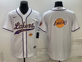 Men's NBA Los Angeles Lakers White MLB Cool Base Stitched Baseball Jersey (8)