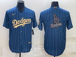 Men's Los Angeles Dodgers Big LA Logo Navy Blue Gold Pinstripe Stitched MLB Cool Base Nike Jersey