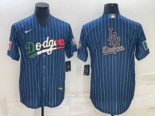Men's Los Angeles Dodgers Big LA Logo Navy Blue Mexico Patch Pinstripe Stitched MLB Cool Base Nike Jersey