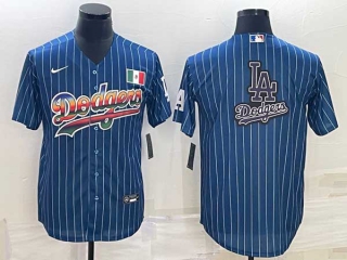 Men's Los Angeles Dodgers Big LA Logo Navy Blue Mexico Pinstripe Stitched MLB Cool Base Nike Jersey