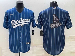 Men's Los Angeles Dodgers Big LA Logo Navy Blue White Pinstripe Stitched MLB Cool Base Nike Jersey