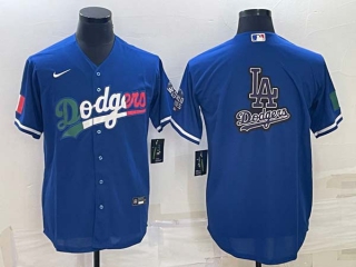 Men's Los Angeles Dodgers Big LA Logo World Series Patch Navy Blue Pinstripe Stitched MLB Cool Base Nike Jersey