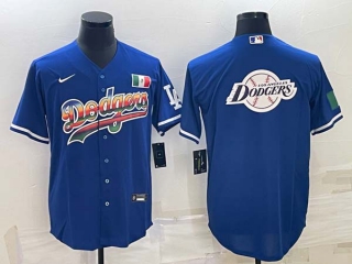 Men's Los Angeles Dodgers Big Team Logo Mexico Patch Navy Blue Pinstripe Stitched MLB Cool Base Nike Jersey