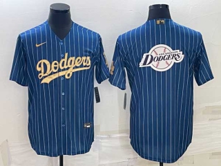 Men's Los Angeles Dodgers Big Team Logo Navy Blue Gold Pinstripe Stitched MLB Cool Base Nike Jersey