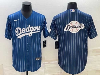 Men's Los Angeles Dodgers Big Team Logo Navy Blue White Pinstripe Stitched MLB Cool Base Nike Jersey