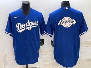 Men's Los Angeles Dodgers Big Team Logo Patch Navy Blue Pinstripe Stitched MLB Cool Base Nike Jersey
