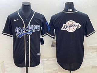 Men's Los Angeles Dodgers Black Blue LA Patch Team Big Logo Cool Base Stitched Baseball Jersey