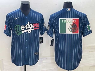 Men's Los Angeles Dodgers Navy Blue Mexico Patch World Series Pinstripe Stitched MLB Cool Base Nike Jersey
