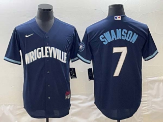 Men's Chicago Cubs #7 Dansby Swanson Navy City Connect Wrigleyville Cool Base Stitched Jersey