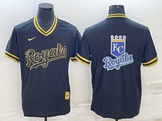 Men's Kansas City Royals Big Logo Black Gold Nike Cooperstown Legend V Neck Jersey