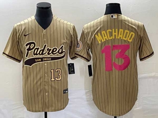 Men's San Diego Padres #13 Manny Machado Number Tan Pinstripe 2023 City Connect Cool Base Stitched Jersey