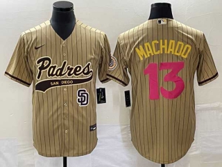 Men's San Diego Padres #13 Manny Machado Tan Pinstripe 2023 City Connect Cool Base Stitched Jerseys