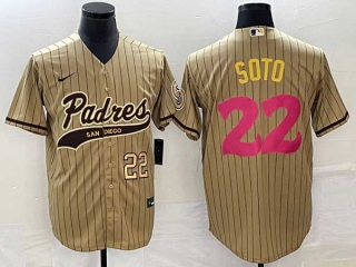 Men's San Diego Padres #22 Juan Soto Number Tan Pinstripe 2023 City Connect Cool Base Stitched Jersey