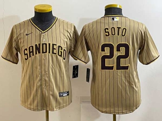 Women's San Diego Padres #22 Juan Soto Tan Pinstripe 2023 City Connect Cool Base Stitched Jersey