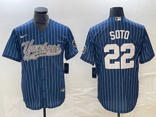 Men's New York Yankees #22 Juan Soto Blue Pinstripe Cool Base Stitched Baseball Jersey