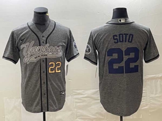 Men's New York Yankees #22 Juan Soto Grey Gridiron Gold Number Cool Base Stitched Baseball Jersey