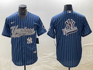 Men's New York Yankees Blue Pinstripe Big Logo Cool Base Stitched Baseball Jersey