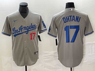 Men's Los Angeles Dodgers #17 Shohei Ohtani Gray Red Number Stitched Cool Base Nike Jersey
