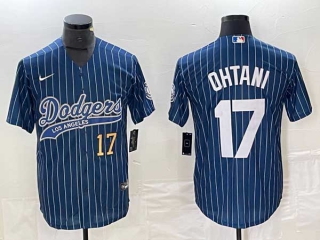 Men's Los Angeles Dodgers #17 Shohei Ohtani Navy Gold Number Pinstripe Cool Base Stitched Baseball Jersey