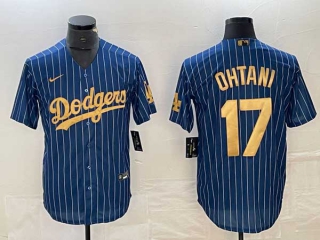 Men's Los Angeles Dodgers #17 Shohei Ohtani Navy Gold Pinstripe Cool Base Stitched Baseball Jersey