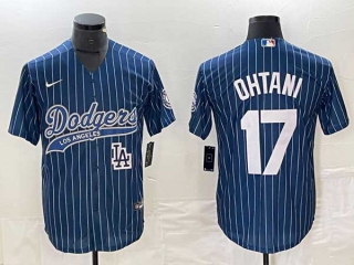 Men's Los Angeles Dodgers #17 Shohei Ohtani Navy LA Pinstripe Cool Base Stitched Baseball Jersey