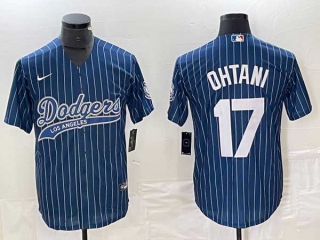 Men's Los Angeles Dodgers #17 Shohei Ohtani Navy Pinstripe Cool Base Stitched Baseball Jersey
