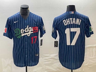 Men's Los Angeles Dodgers #17 Shohei Ohtani Navy Red Number Mexico Cool Base With Patch Stitched Baseball Jersey
