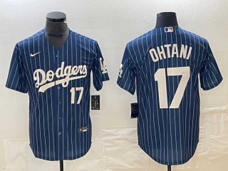 Men's Los Angeles Dodgers #17 Shohei Ohtani Navy White Number Pinstripe Cool Base Stitched Baseball Jersey