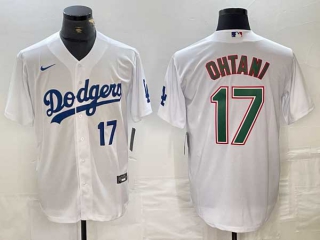 Men's Los Angeles Dodgers #17 Shohei Ohtani White Blue Green Number Stitched Cool Base NFL Nike Jersey