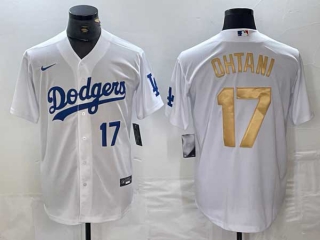 Men's Los Angeles Dodgers #17 Shohei Ohtani White Blue Gold Number Stitched Cool Base NFL Nike Jerseys