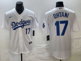 Men's Los Angeles Dodgers #17 Shohei Ohtani White Blue Number Stitched Cool Base NFL Nike Jerseys (2)