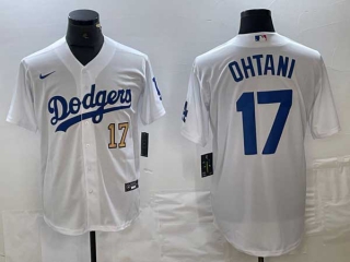 Men's Los Angeles Dodgers #17 Shohei Ohtani White Gold Blue Number Stitched Cool Base NFL Nike Jerseys (2)